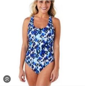 Nicole Miller women's size L aqua cheetah print one piece racerback swimsuit NWT